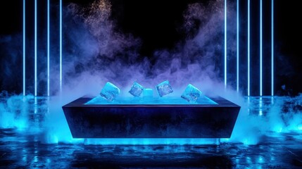 Abstract Scene with Ice Cubes in a Dark Atmospheric Environment with Neon Blue Light and Smoky Effects for Artistic and Promotional Use