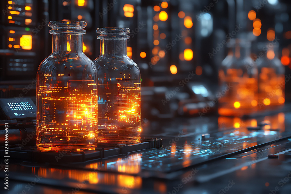Poster 3d rendering depicting a science and technology-themed laboratory setting.