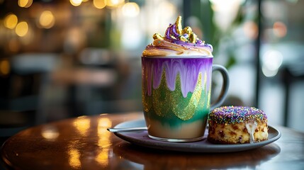 Colorful latte and king cake for a seasonal café special
