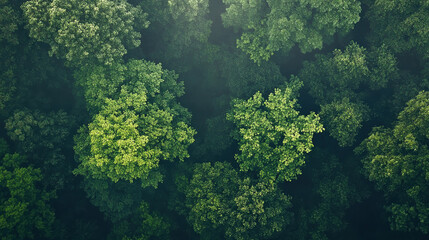 Aerial view of lush green forest canopy, showcasing a dense arrangement of trees and vibrant foliage in a tranquil environment.