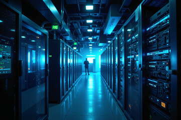 Fototapeta premium A sleek data center with rows of illuminated server racks and flickering status lights, creating a cyber-tech atmosphere.