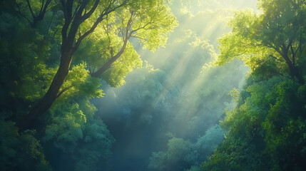 Obraz premium A serene view of a lush green forest with sunlight filtering through the trees, creating a peaceful and enchanting atmosphere.