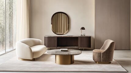 Modern living room interior design, beige sofa, coffee table, and brown armchair