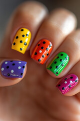 Manucure dégradée multicolore avec motif pointillé sur fond bleu tricoté.