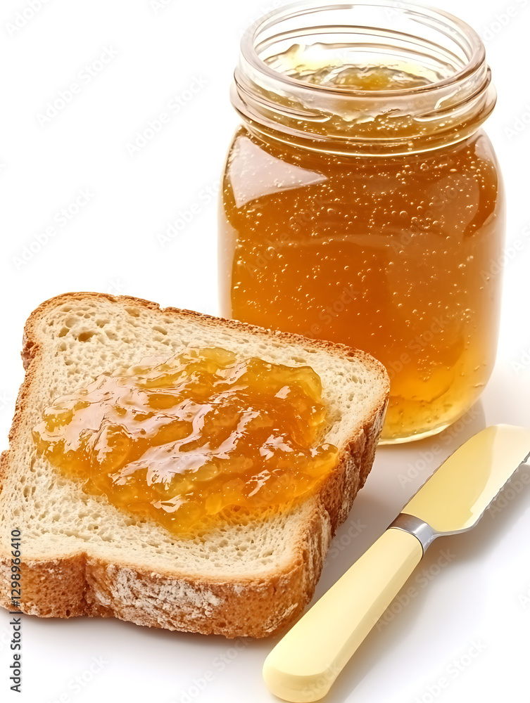 Poster toast with jam and jam jar. a slice of bread with fruit preserve, accompanied by a jar of the preser