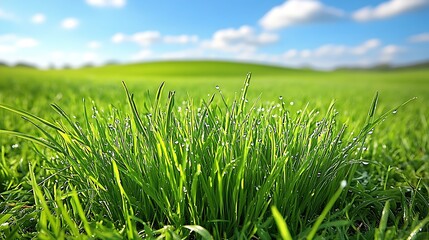 Obraz premium Fresh Dewdrops on Vibrant Green Grass Blades in a Sunny Meadow on a Clear Bright Day Landscape