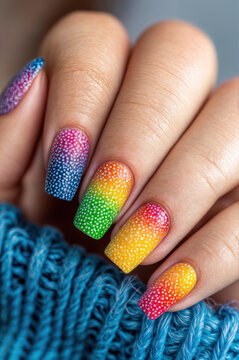 Ongles color&eacute;s avec pois noirs et blancs brillants en style pop art.