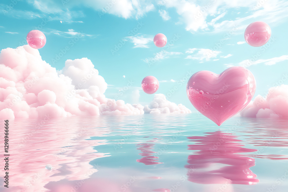 Poster 3d rendering of pink heart floating in the air.