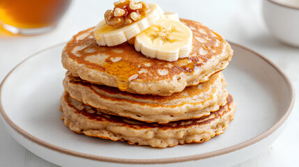 Stack of fluffy pancakes topped with banana slices, walnuts, and drizzled with honey, served on a white plate for a delicious and wholesome breakfast