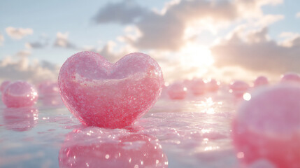 Obraz premium 3d rendering of pink heart floating in the air on an endless surface.