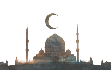 A Beautifully Crafted Miniature Mosque Silhouette with Elegant Islamic Architecture Isolated on transparent background.