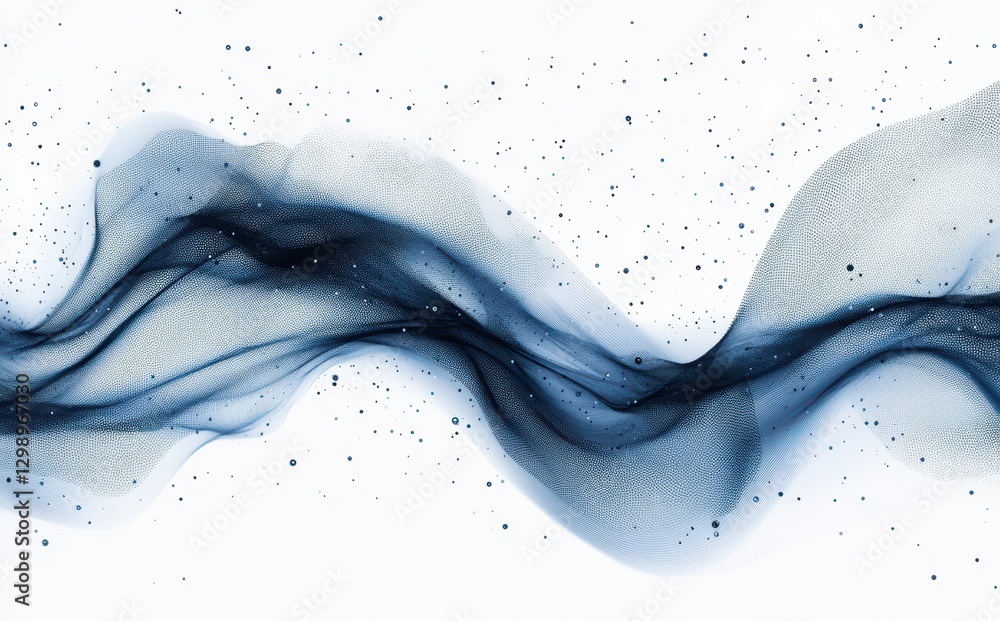 Poster flowing abstract blue fabric with gentle waves and sparkling particles on a white background for art