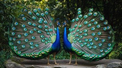 Two Peacocks Displaying Their Vibrant