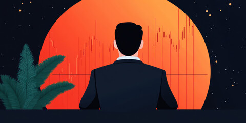 A businessman gazes at a sunset with stock market trends in the background, symbolizing reflection and opportunity.