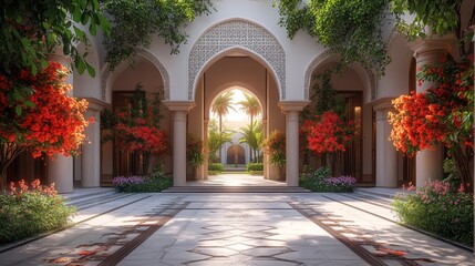 Fototapeta premium Sunlit courtyard with arched passage, lush greenery, and ornate flooring.