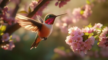 Spring garden wildlife hummingbird feeding on blossoms in natural light