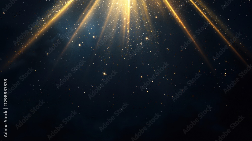 Poster beautiful abstract background with shining golden light rays, twinkling stars, and dark space, perfe