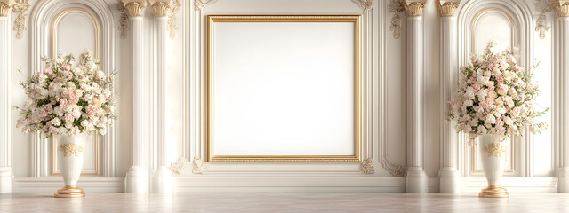 A large, gold photo frame is hanging on the wall of an elegant room with tall columns and arches

