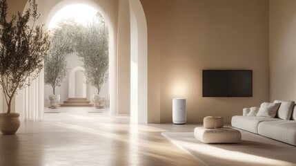 Modern living room featuring minimalist furniture, soft lighting, and a serene outdoor view