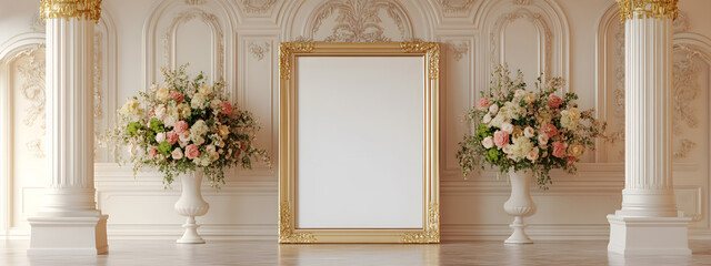 A large, gold photo frame is hanging on the wall of an elegant room with tall columns and arches
