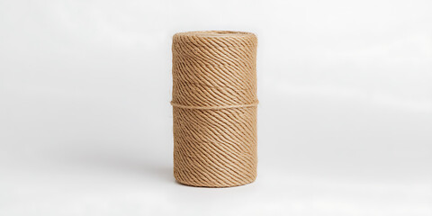 Roll of twine. This is a tightly wound roll of brown twine, useful for crafts, gardening, and other household projects. Studio shot on white.