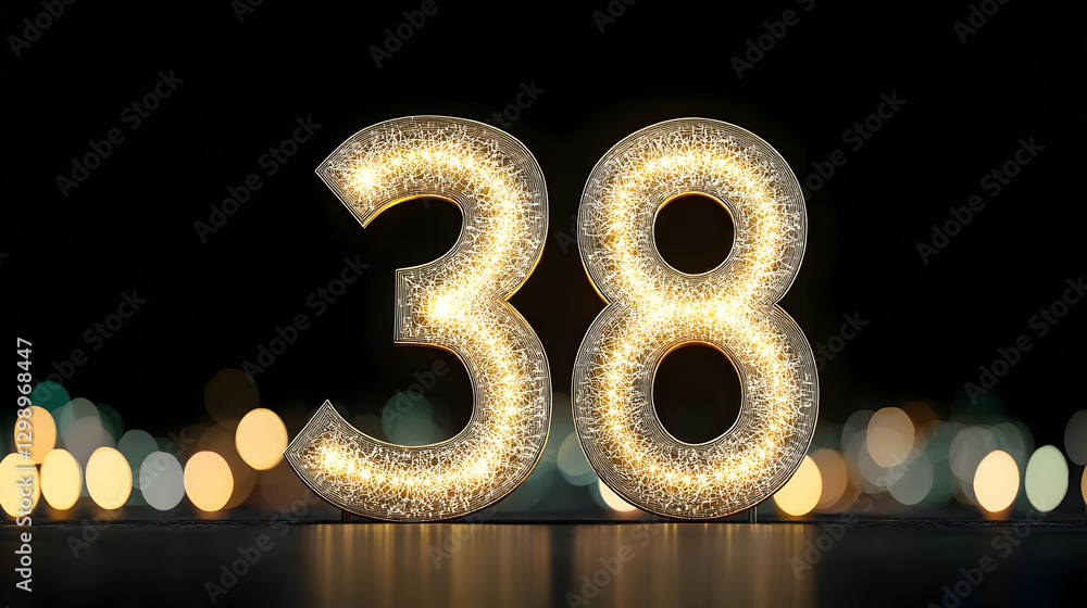 Poster golden sparkling number 38 illuminated against bokeh lights in dark background