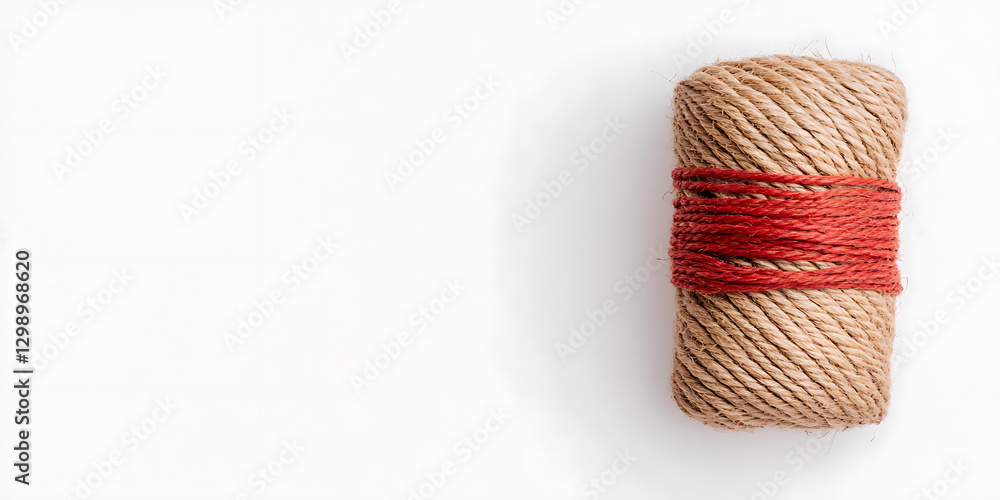 Poster roll of natural rope bound with red twine on a plain white background. textured, minimalist composit