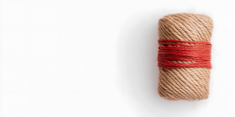 Roll of natural rope bound with red twine on a plain white background. Textured, minimalist composition, ideal for crafts and rustic design concepts.