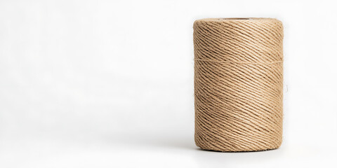 A cylindrical spool of brown twine sits against a pristine white backdrop, showcasing its texture and form. Great for crafting, packaging and DIY projects.