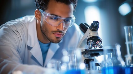Technology doctor clinical trials innovation Scientist examining samples under a microscope in a lab setting.