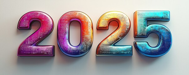 Vivid 2025 in 3D rainbow design on a vibrant white textured background