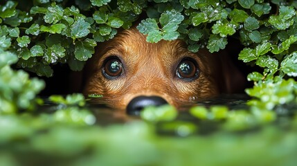 Obraz premium Beautiful Dog Surrounded by Green Nature with Dewy Leaves and Vibrant Background