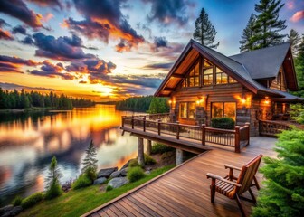 Obraz premium Rustic Log Cabin Lake Retreat: Wraparound Deck, Serene Waters, Peaceful Escape