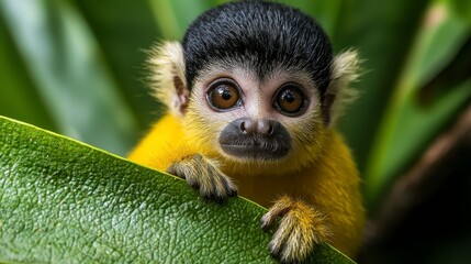 Obraz premium Beautiful Green Nature Scene Featuring a Cute Monkey Amidst Lush Foliage in Professional Quality