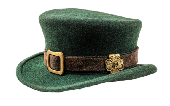A Classic Green Leprechaun Hat with a Shiny Gold Buckle for St Patricks Day Isolated on transparent background.
