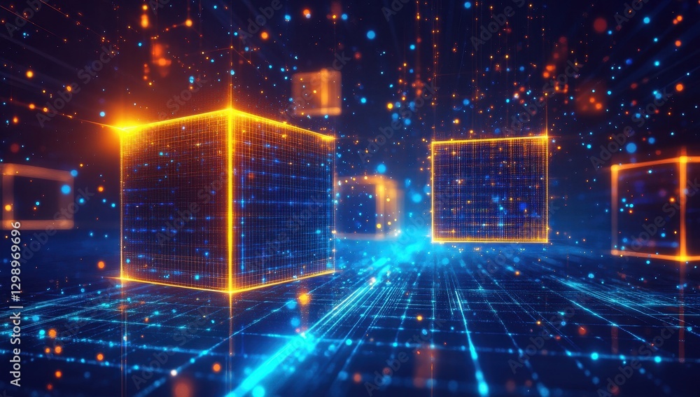 Poster futuristic 3d abstract digital cubes with neon lights and sparkling particles in a vibrant virtual e