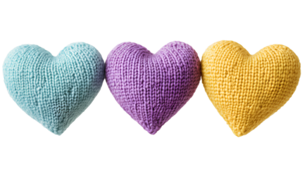 3 heart-shaped knitting toys, colorful knitted hearts with a hole in the middle, isolated on a transparent background, PNG file