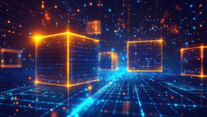 Fototapeta premium Futuristic 3D Abstract Digital Cubes with Neon Lights and Sparkling Particles in a Vibrant Virtual Environment