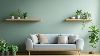 Modern living room interior with greenery and soft furnishings
