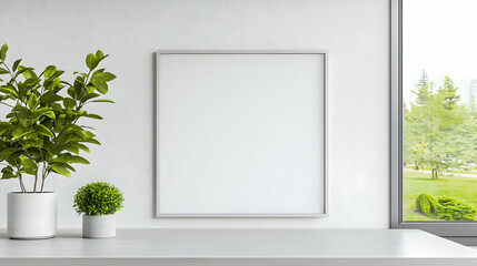 Blank Square Frame Mockup On White Wall With Green Plants In Pots And Window
