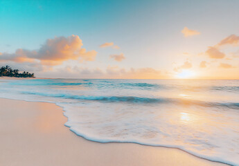a beautiful beach with golden sand, turquoise waves,