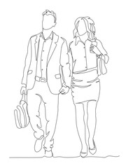 Couple hands holding and walking. Man in suit. Back view. Continuous line drawing. Black and white vector illustration in line art style.