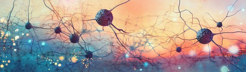 Neural networks interconnected against vibrant background with glowing particles