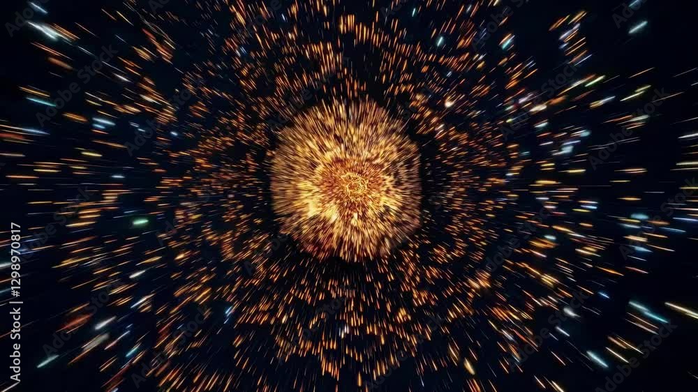Poster dynamic video concept of a cosmic explosion with a radial burst of glowing particles. captured from 