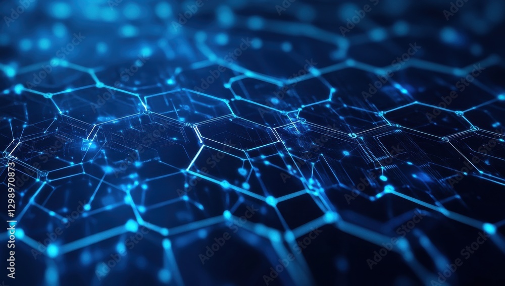 Poster futuristic abstract background with network connections and glowing hexagonal patterns in blue and b
