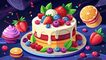 Tasty white homemade cake decorated by red berries and macaron