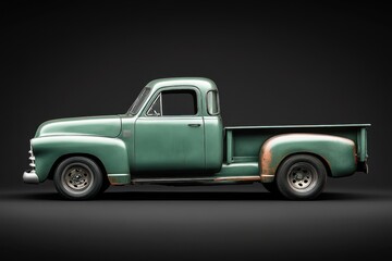 A vintage green pickup truck is shown in side profile view