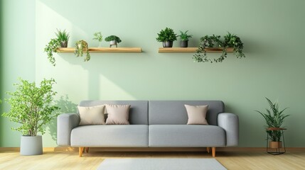 Relaxing Living Room with Green Plants and Soft Sofa Accents
