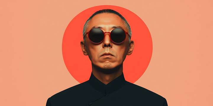 Stylish portrait of a person with round sunglasses against a coral backdrop, exuding confidence and cool. - Powered by Adobe