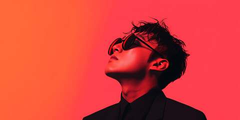 Stylish man with sunglasses looking up against vibrant backdrop. Bold colors and modern aesthetic create a strong visual statement. Fashion-forward and captivating.